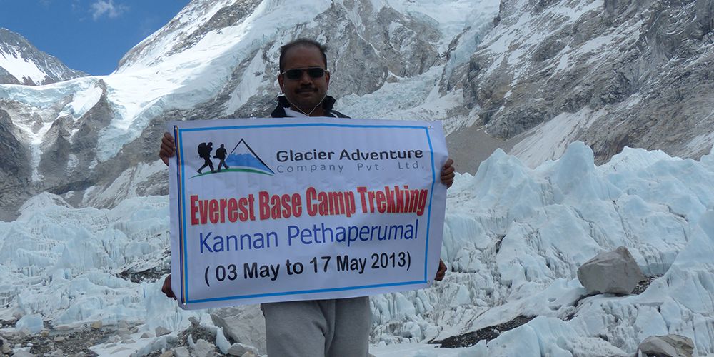 Dr Kannan in Everest base camp with Khumbu Glacier!